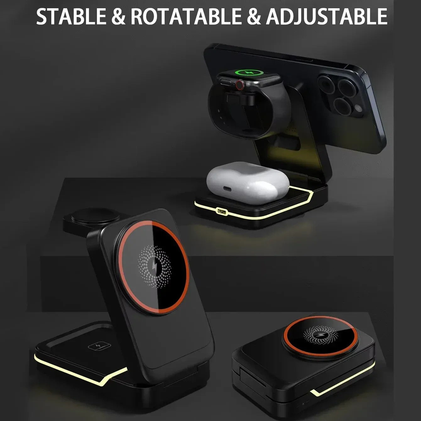 3 in 1 Magnetic Foldable Travel Fast Wireless Charger Stand for iphone,Apple Watch,Airpods 002