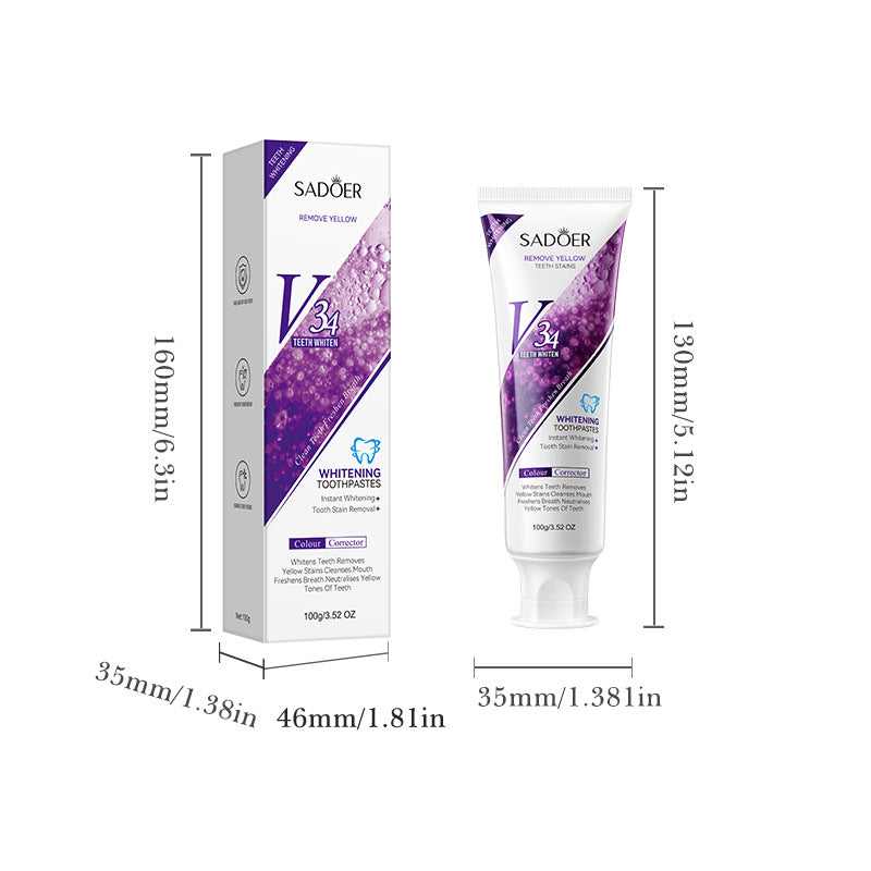 SADOER V34 Purple Whitening Toothpaste – Instant Stain Removal & Yellow Tone Corrector