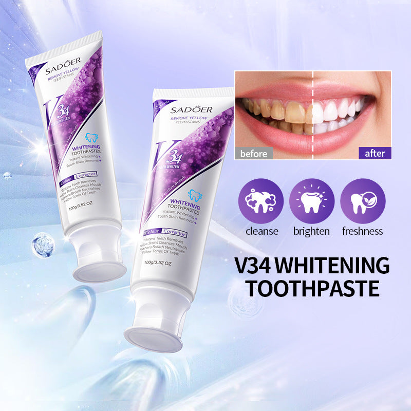 SADOER V34 Purple Whitening Toothpaste – Instant Stain Removal & Yellow Tone Corrector