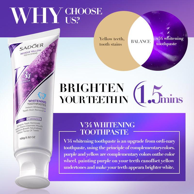 SADOER V34 Purple Whitening Toothpaste – Instant Stain Removal & Yellow Tone Corrector