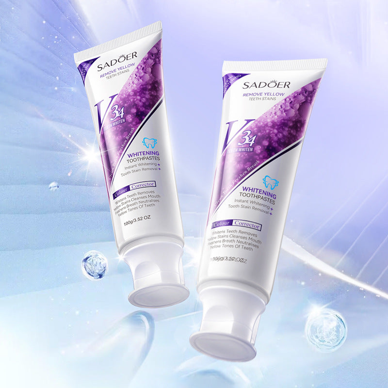 SADOER V34 Purple Whitening Toothpaste – Instant Stain Removal & Yellow Tone Corrector