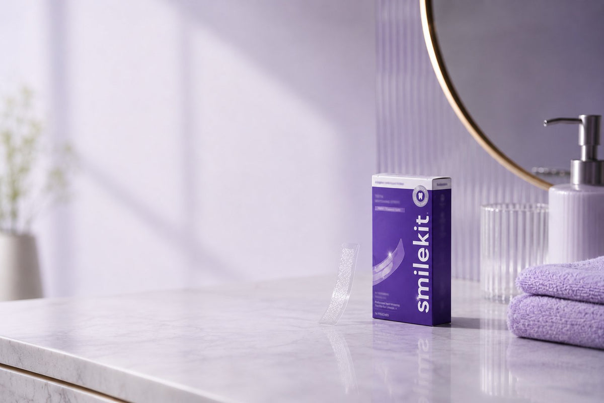 SmileKit purple whitening strips box on a marble bathroom counter in soft lavender light